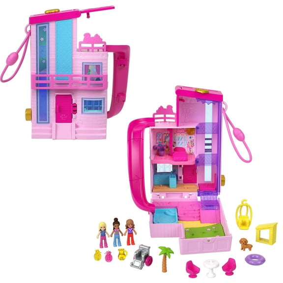 Polly Pocket Barbie Dreamhouse Compact, Dollhouse Playset with 3 Micro Dolls, 1 Pet & 11 Accessories