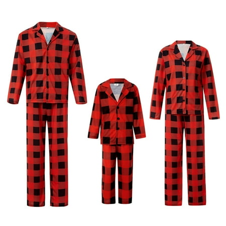 

Christmas Family Pajamas Sets for Dad Mom Classic Red Black Plaid Long Sleeve Lapel Tops Casual Pants Outfits