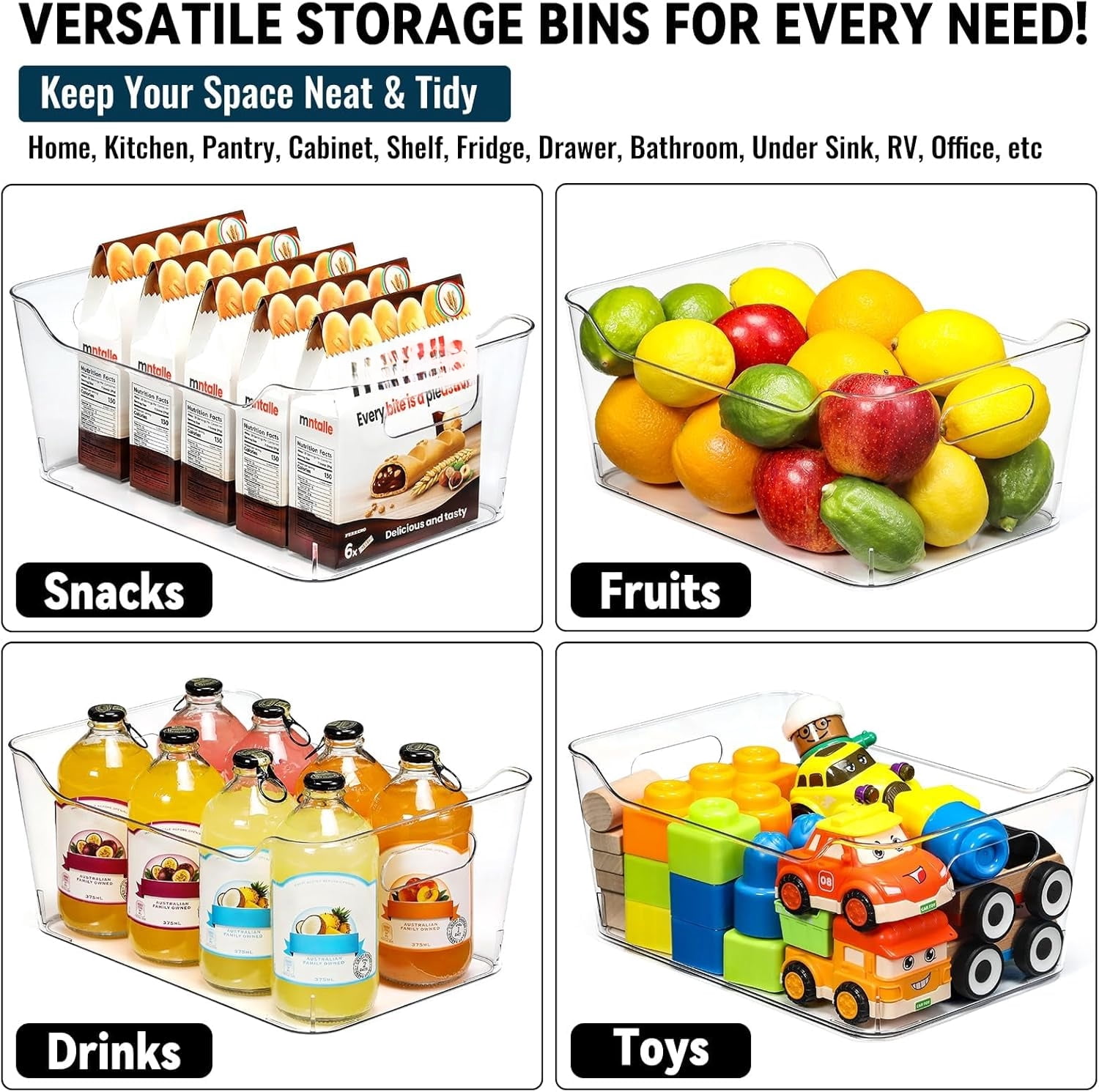 12 PACK Multi-Use Clear Plastic Storage Bins for Organizing w/Labels - Home, Kitchen, Pantry, Bathroom, Office, Cabinet Shelf Organizer Bins  Collection, RV, Fridge Organization Containers - L