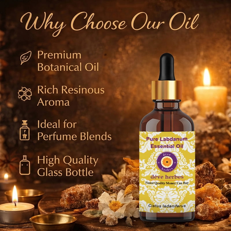 Deve Herbes Pure Labdanum Essential Oil (Cistus ladaniferus) Steam Distilled, Natural & Aromatherapy Use 100ml