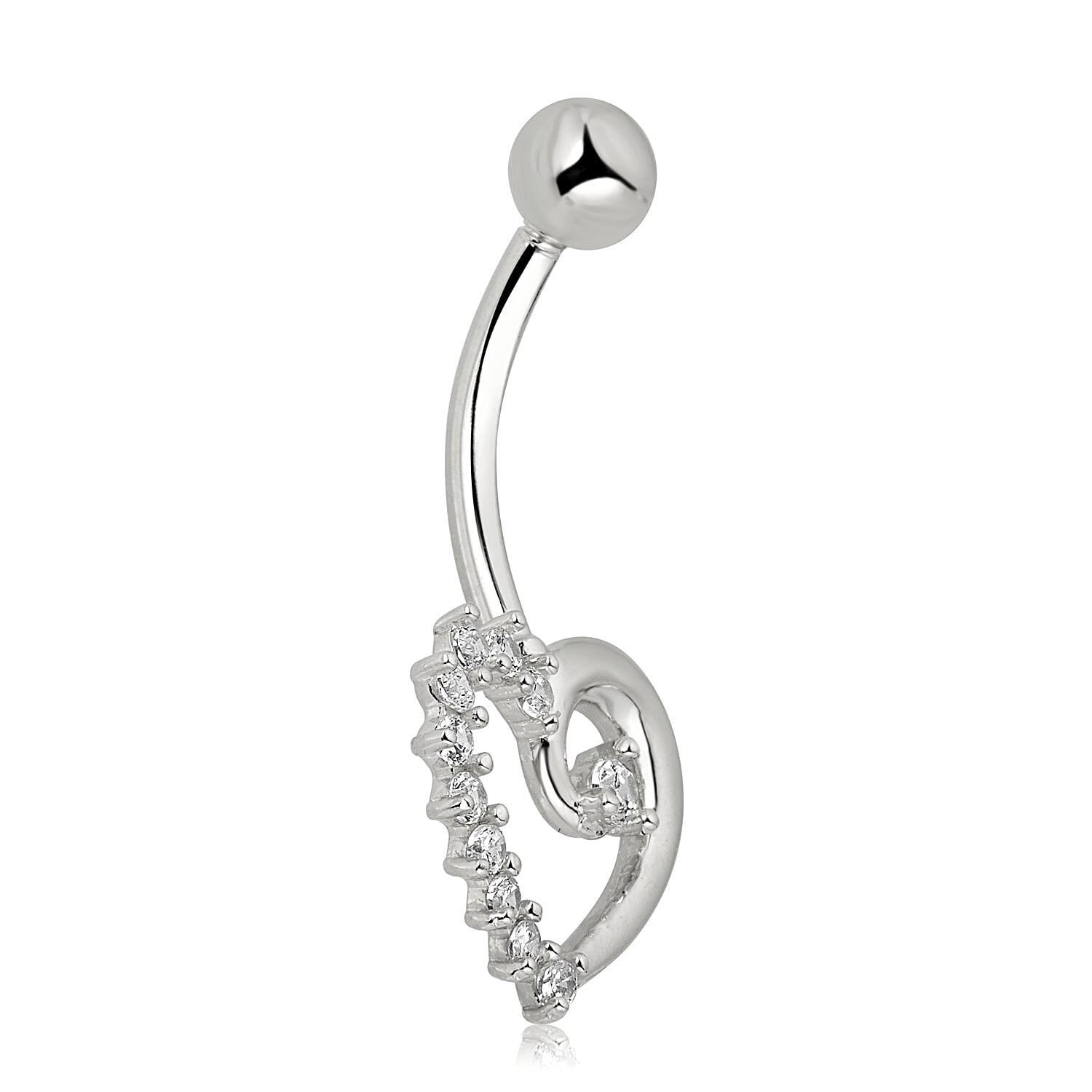 AVORA 10K White Gold Simulated Diamond CZ Curly Heart Belly Button Ring Body Jewelry (14 Gauge)