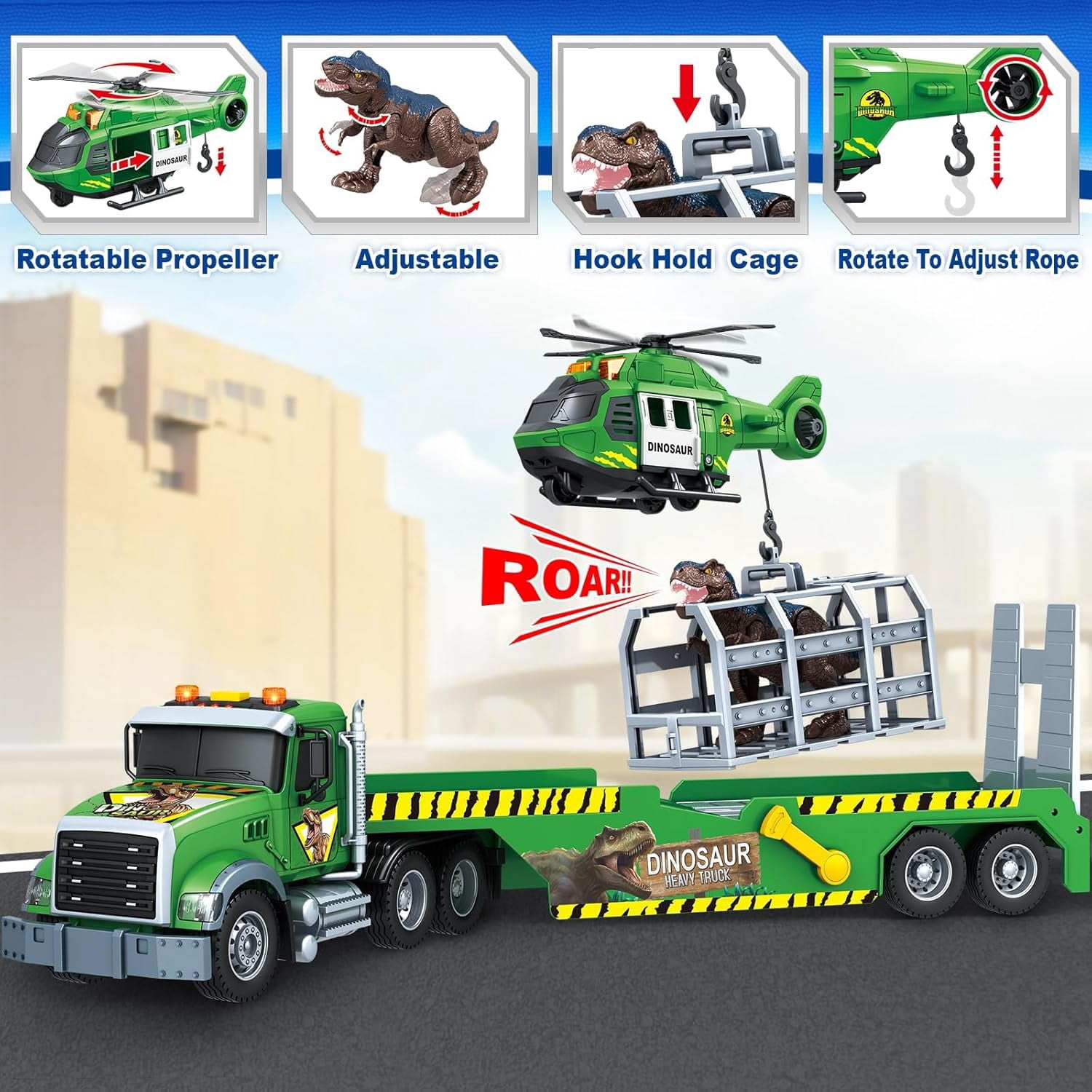 PMHZI 3-in-1 Dinosaur Truck Toy for Kids, Friction Powered Green Flatbed Carrier with Dino Transport, Lights & Sounds, Gift for Boys Ages 3+