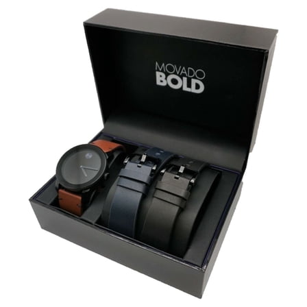Movado by Movado Men's Leather Strap Wristwatch Gift Set, Black/Brown/Blue