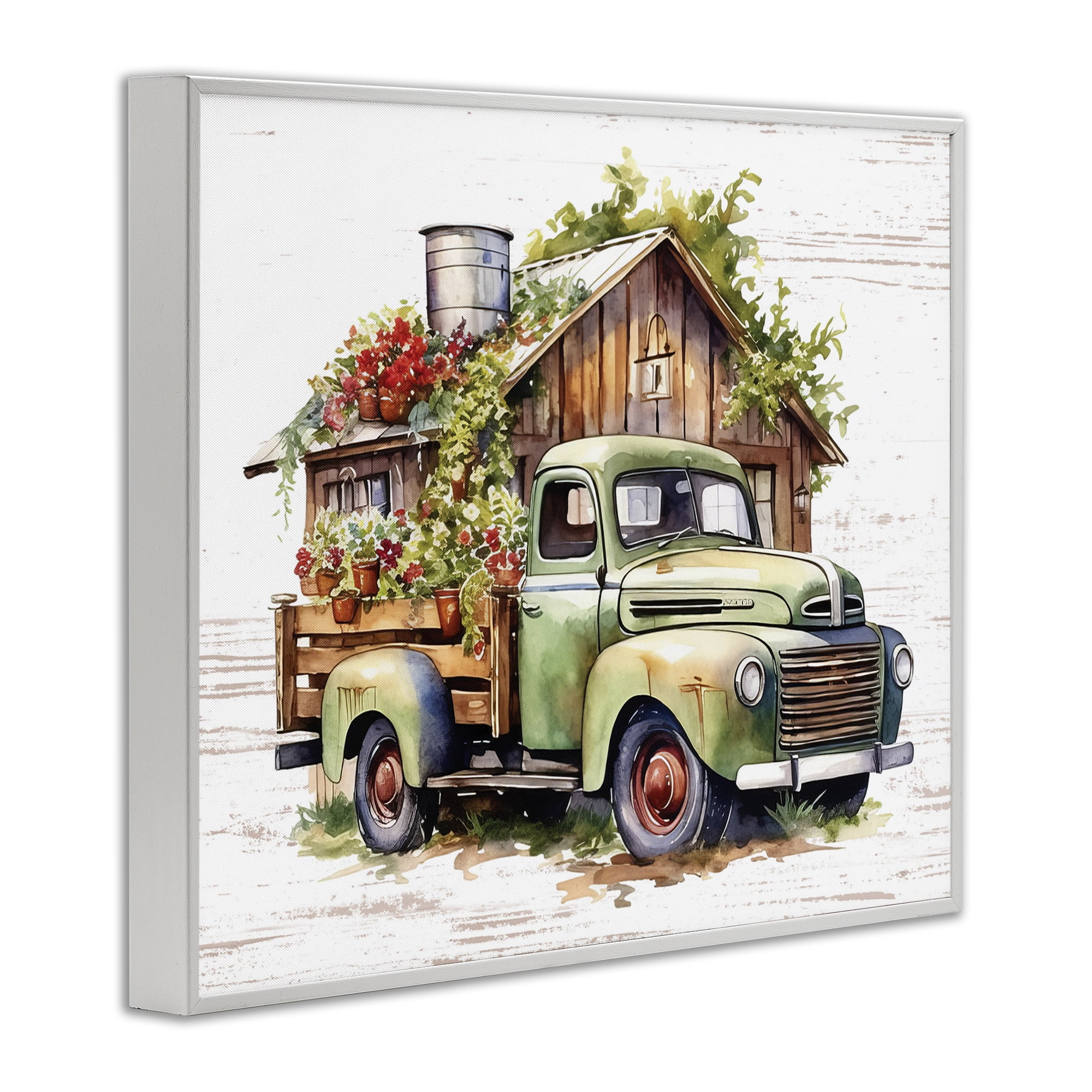 Stupell Industries Rustic Pickup with Greenery Transportation Painting White Framed Art Print Wall Art, 14 x 11