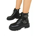 thumbnail image 3 of Women's Leather Boots with Side Zipper Fashion Buckle Straps Chunky Heel Goth Booties Non- Lug Sole Punk Biker Motorcycle Boots Black, 3 of 6