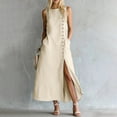 thumbnail image 2 of fheaev Women's Maxi Dress Linen Relaxed Fit Sleeveless Button Front Slit for Everyday Beige M, 2 of 7