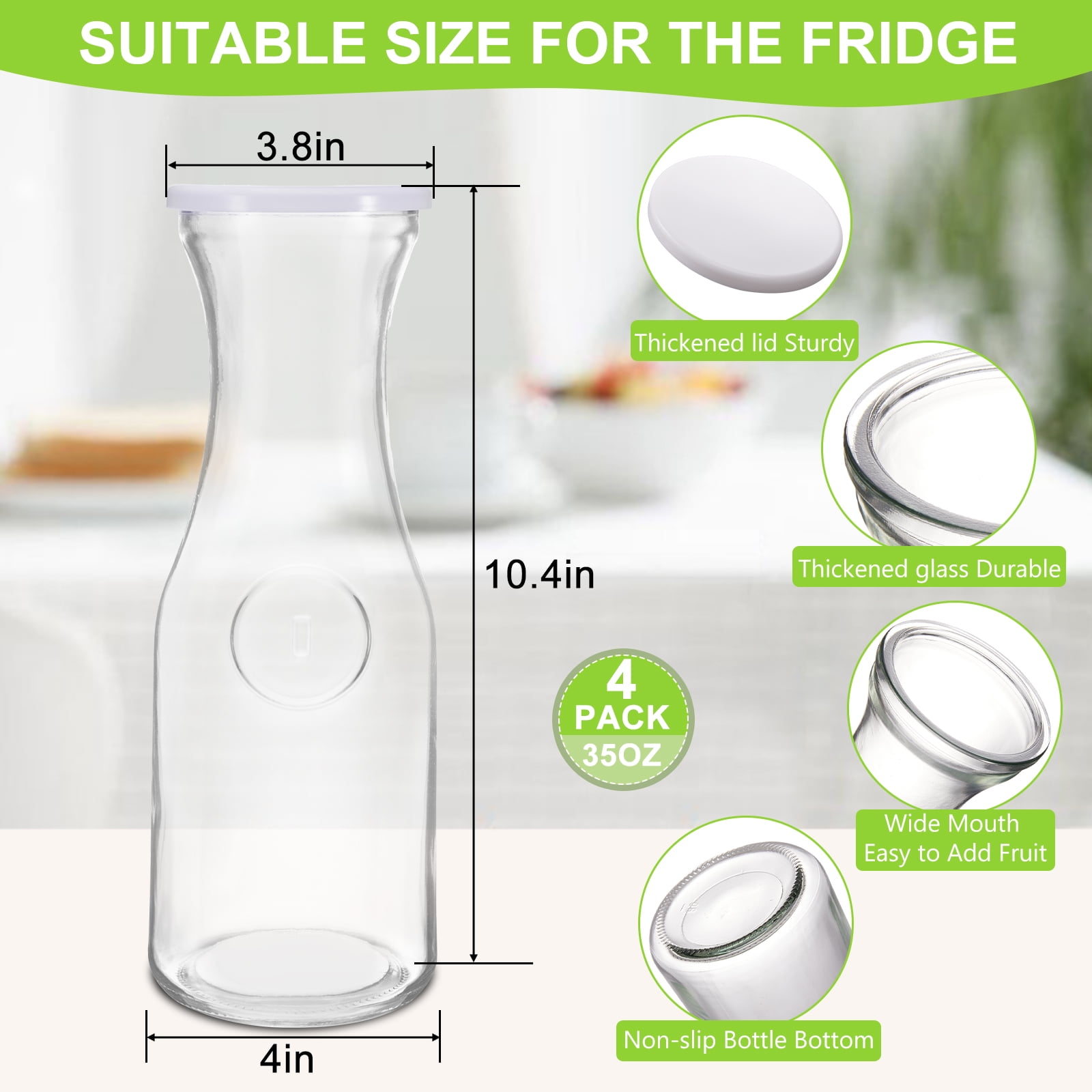 4 Pack Glass Carafe with Lid,35 oz Clear Glass Pitcher,Dishwasher Safe Beverage Drink Dispensers for Brunch, Party
