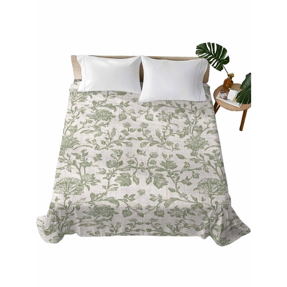 Farmhouse Sage Green Flat Sheets Only Full Size, Soft Breathable Bed Top Sheets for Mattress, Vintage Flower Leaf Botanical Luxury Bedding Flat Sheets for Home Hotel Bedroom Bed Protection