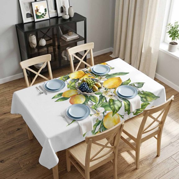 Yellow Tropical Lemon Rectangle Tablecloth 60x84 Inch Green Botanical Leaf Flowers Waterproof Polyester Table Cover, Washable Stain Resistant Tablecloth for Dining Table Kitchen Wedding