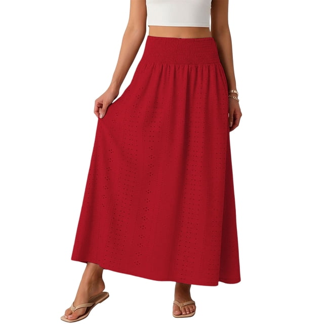 TaTaai Women's Solid Color Hollow Out High Waist Pleated Long Skirt Fashion Lace-Up Design Casual Loose Fit Soft Breathable Fabric Maxi Skirt Versatile for All Seasons Daily Wear Gift