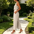 thumbnail image 5 of ClodeEU Women's Linen 2 Piece Outfit ,Sleeveless Crewneck Tank Top and Straight Leg Cropped Pants Set ,Casual Summer Office Wear Beige,Women's Plus L, 5 of 9