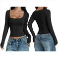 thumbnail image 3 of Camisas de Larga para Mujer, Tops Cortos, Cuello Cuadrado, Camisetas Básicas para Salir, Ropa de Invierno Y2K 2025 Negro XL, 3 of 7