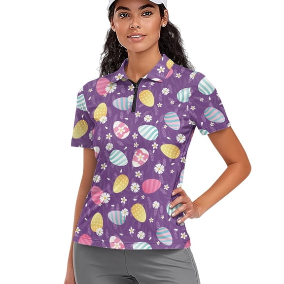 Whosucclay Easter Egg Floral Athletic Tops, 1/4 Zip Lightweight V Neck Short Sleeve Golf Shirts for Travel Tennis Hiking Soft Size Medium