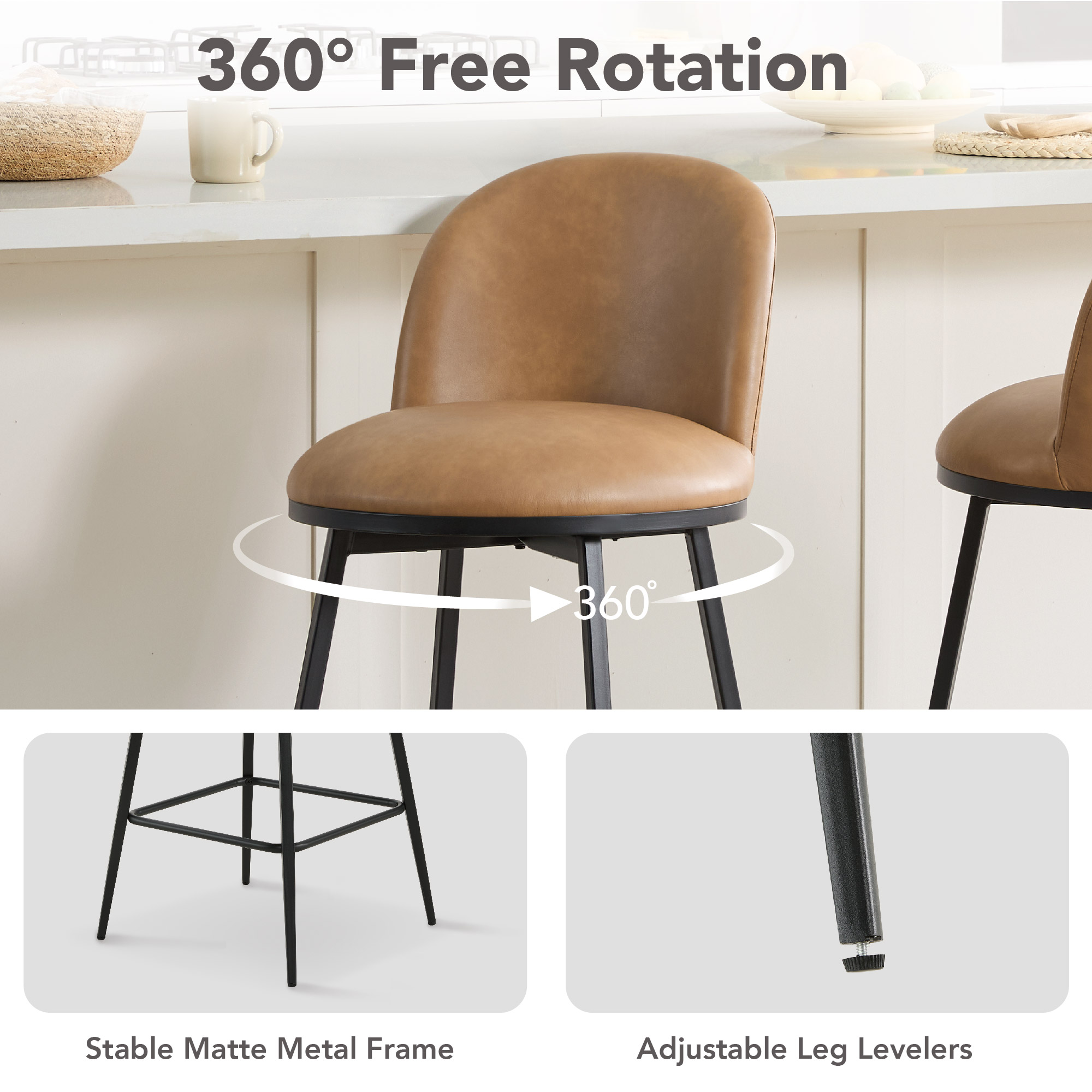 Spruce & Spring Counter Height Swivel Bar Stool with Metal Frame Set of 2, Cognac