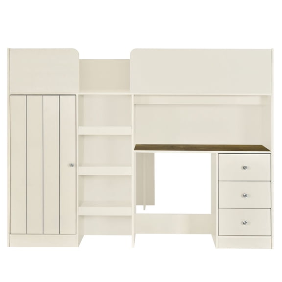 Asteroutdoor Wood Full Size Loft Bed with Built-in Wardrobe, Desk, Storage Shelves and Drawers, Beige
