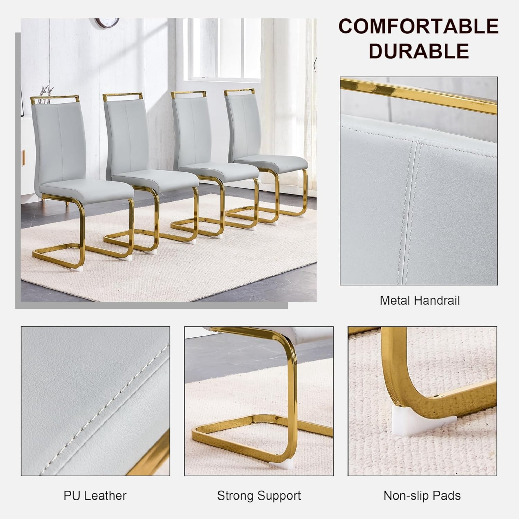 SUDICA Modern Light Grey Faux Leather Dining Chairs Set of 4, High Back Upholstered Seats with Gold Metal Legs for Dining Room