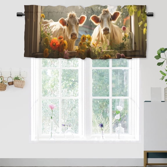 Farmhouse Cow Window Curtain Valances Cute Funny Animal Rustic Country Flowers Window Valance for Living Room Bathroom Bedroom, Kitchen Valance Rod Pocket Window Decor Curtain 54 by 18 in, 1 Panel