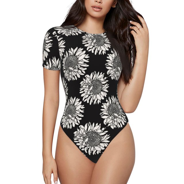 Balery White Sunflowers Body de cuello redondo de manga corta para mujer Tops de manga corta Tops básicos-Medium