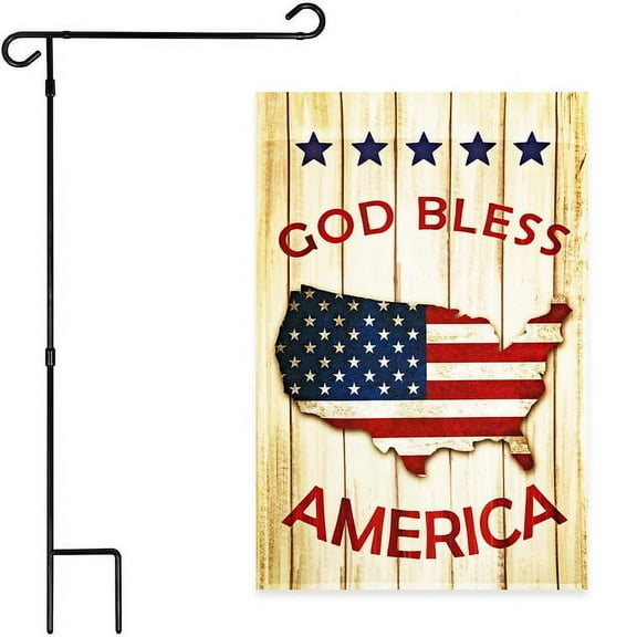 G128 Combo Pack: Garden Flag Stand Black 36x16IN & Garden Flag God Bless America USA Flag Map 12x18IN