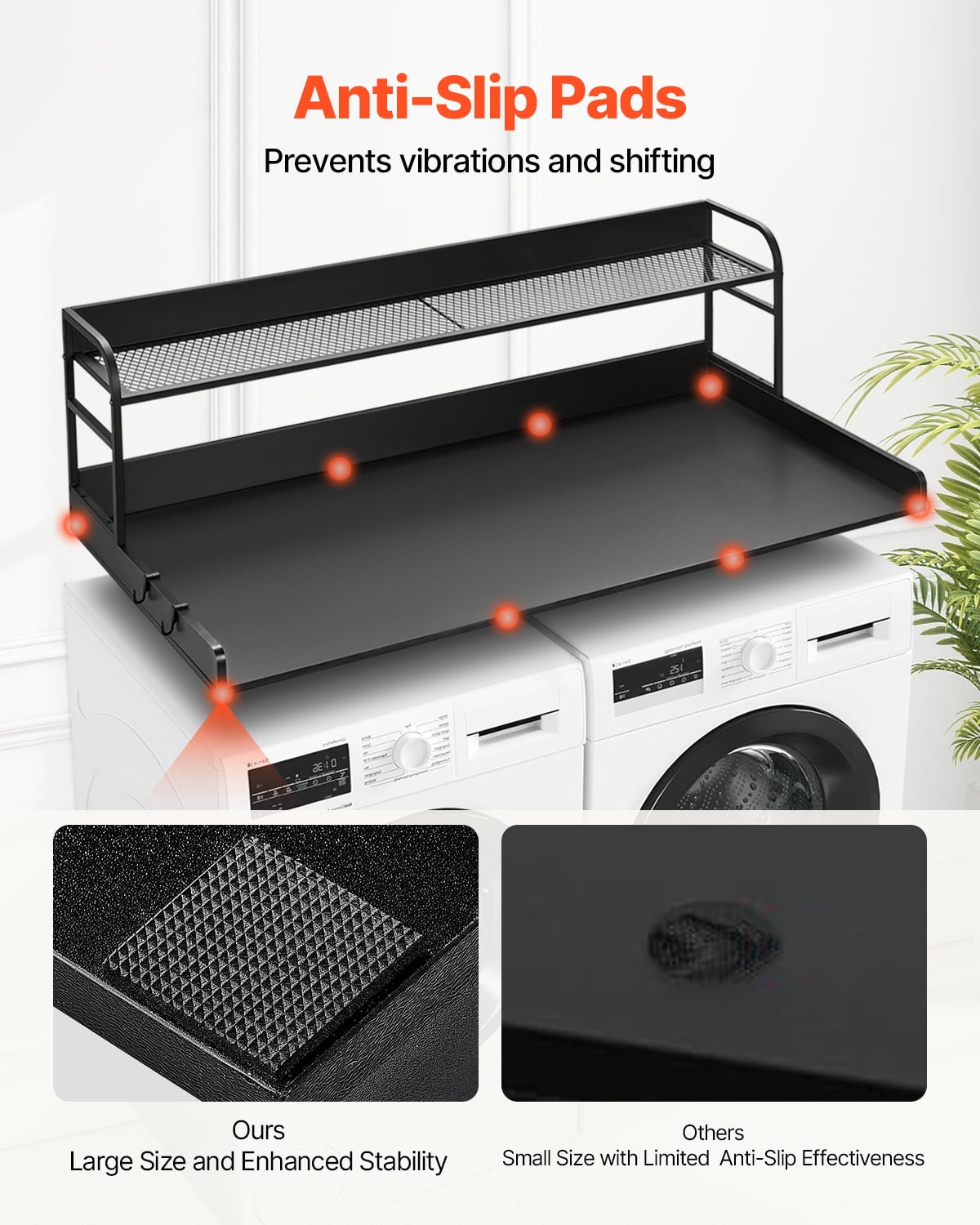 KFFKFF Laundry Room Organizer with Dual-Level Shelf, 54" x 27" Timber Constructed Washer-Dryer Surface with Non-Slip Cushions, Water-Repellent Laundry Appliance Overlay, Black