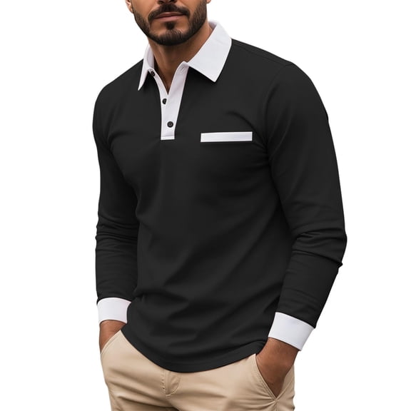 Men's Long Sleeve Polo Shirts Casual Slim Fit Color Block T Shirt Soft Button Pocket Collared Shirt Plus Size Spring Tops
