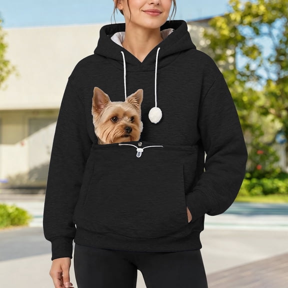 Ljudmp Women's Men's Cat Dog Pouch Hoodie Large Pet Pouch Sweatshirt Puppy Kitten Holder Carrier Long Sleeve Pullover Shirt Unisex Hooded Tops Black L