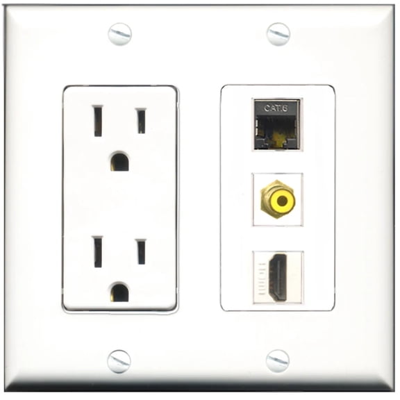 Ultra Spec Cables 15 Amp Power Outlet 1 Port HDMI 1 Port RCA Yellow 1 Port Shielded Cat6 Wall Plate