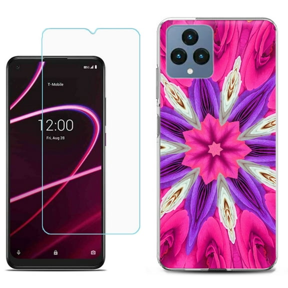 Slim-Fit Gel TPU Fashion Phone Case for T-Mobile Revvl 6 5G, with Tempered Glass Screen Protector, by OneToughShield ® - Kaleidoscope Rose