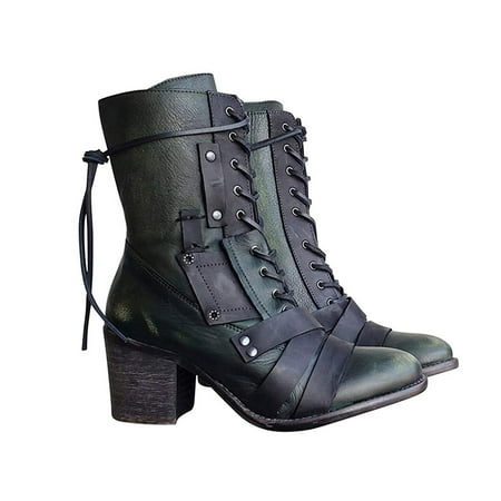 

YOTAMI Boots for Women 2022 Women s Shoes Laceing Mid Heel Rivets Zipper Fashion Shoes Mid Leather Boots Green