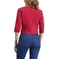 thumbnail image 3 of CHAQUETA DE JEAN CORTA SIN CUELLO PARA MUJERES CON MANGAS 3/4 EN BURDEOS TALLA M, 3 of 6