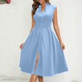 thumbnail image 4 of Uscallm Women's Summer Casual V Neck Short Sleeve Midi Dresses Flowy A-Line Zip Boho Beach Vacation Solid Maxi Sundresses, Blue 2XL, 4 of 9