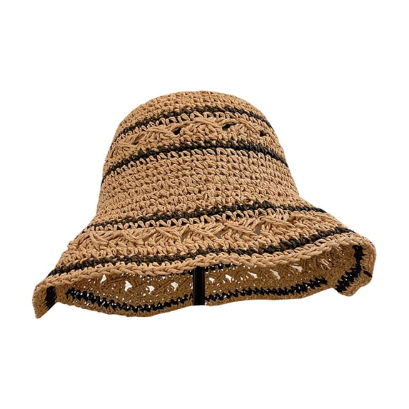 Women's Sun Protection Bucket Hat Striped Straw Design Dome Wide Brim Summer Beach Hat