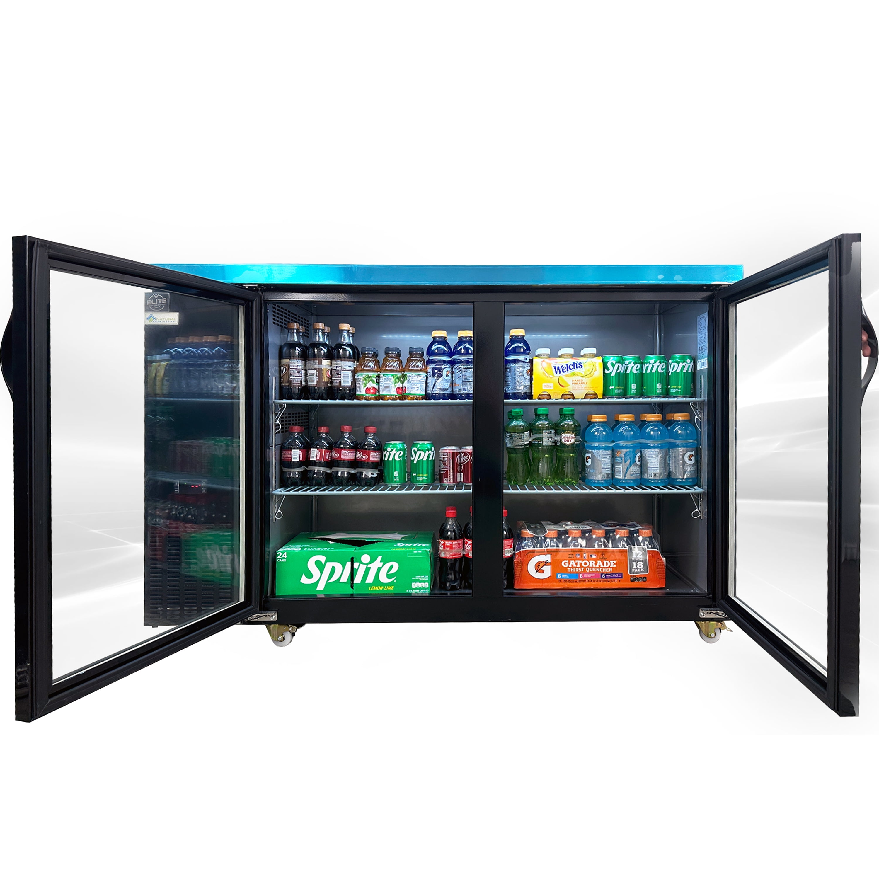 Back Bar Cooler, 57” Double Glass Door Beverage Refrigerator, 16 cu.ft., Stainless Interior, R290 Eco Refrigerant, 115V/60Hz