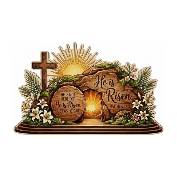 He Is Risen Resurrection Scene Wooden Tabletop Decor Empty Tomb Easter Ornament With Cross Lily And Sunburst Design For Shelf Tiered Tray And Religious Home Decor(Khaki-10X8Cm)