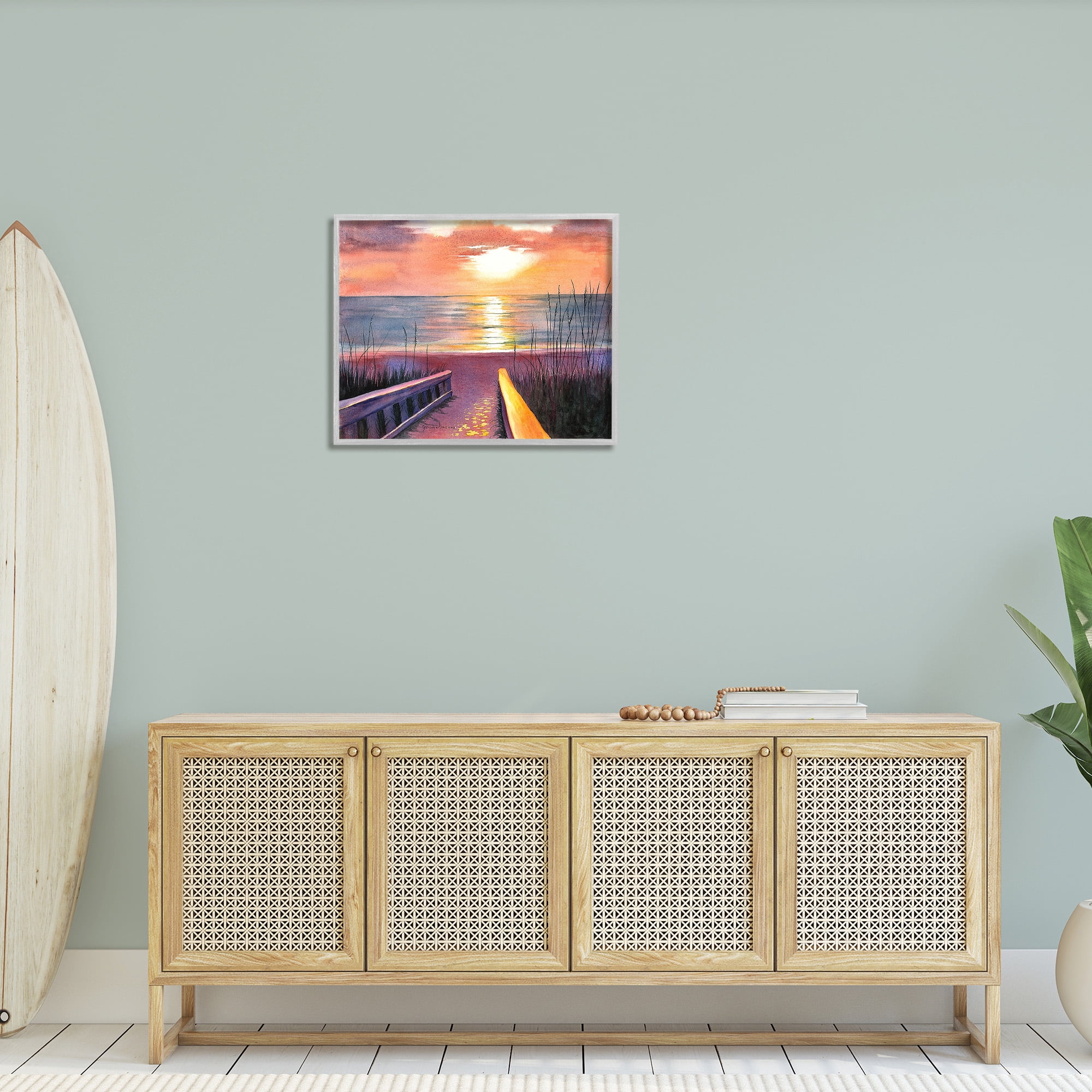 Stupell Industries Sunlit Beach Pathway Landscape Painting Gray Framed Art Print Wall Art, 30 x 24