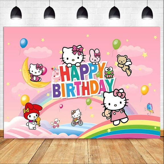 Happy Birthday Anime Kitty Theme Backdrops Banner Birthday Party Decor Supplies,5.9x3.6ft
