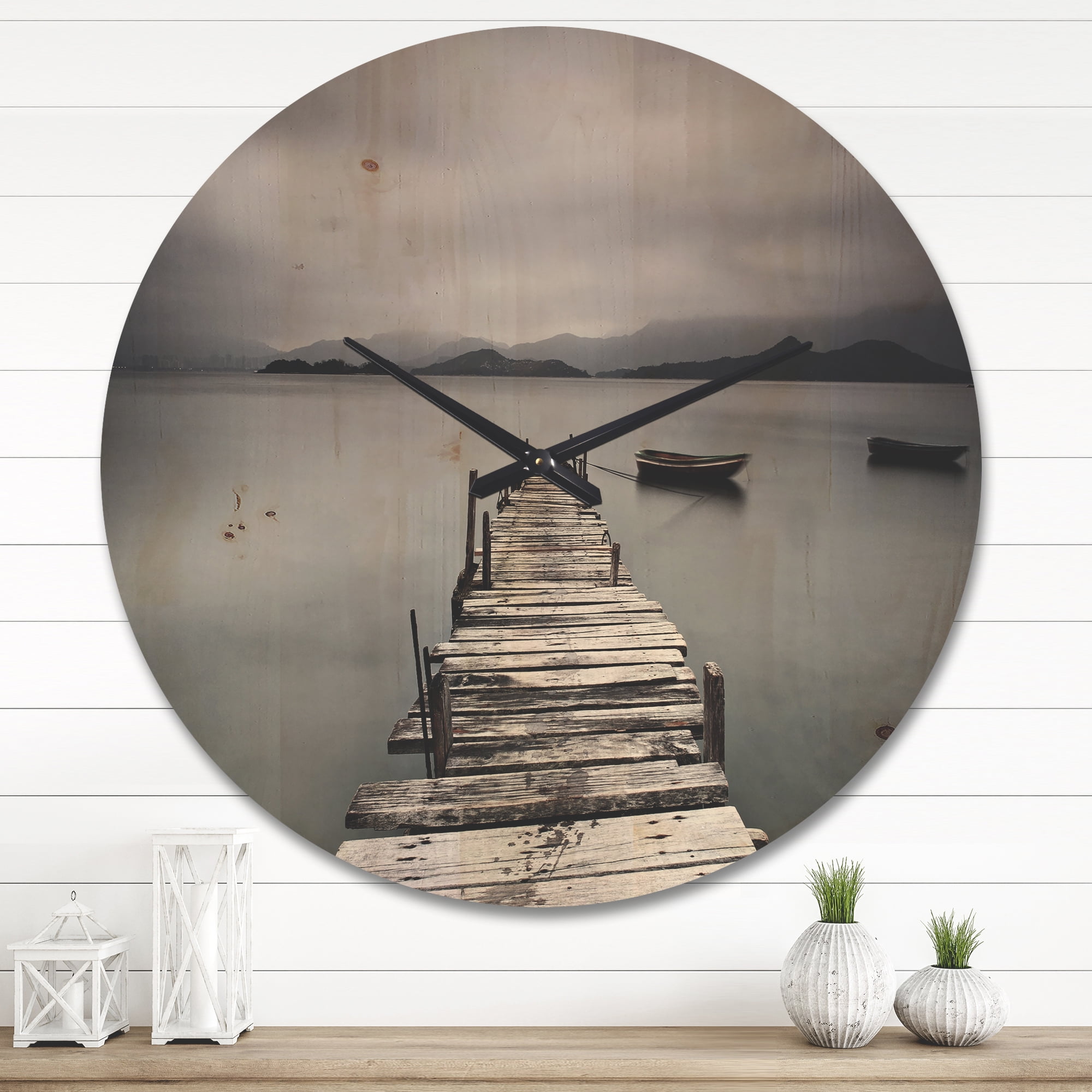 Designart 'Boats and Pier at Seashore' Modern Wood Wall Clock