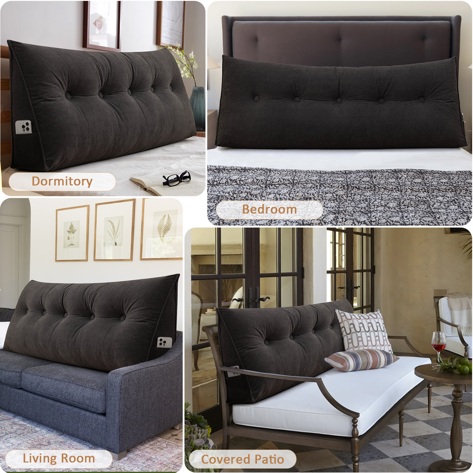 ANMINY Bed Wedge Pillow for Headboard Gap Reading Lumbar Back Rest Support Pillow for Bed Sofa Large Long Pillow with Side Pockets Removable Cover, 39"x20", Black