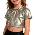 thumbnail image 4 of CUZIBR Girls T Shirts Shine Sequins Shirts Crop Top Short Sleeve Round Neck Carnival Performance Glitter Sequin Stretch Tee Dancewear Graphic Cotton Tee Top,Silver,3-4 Years, 4 of 4