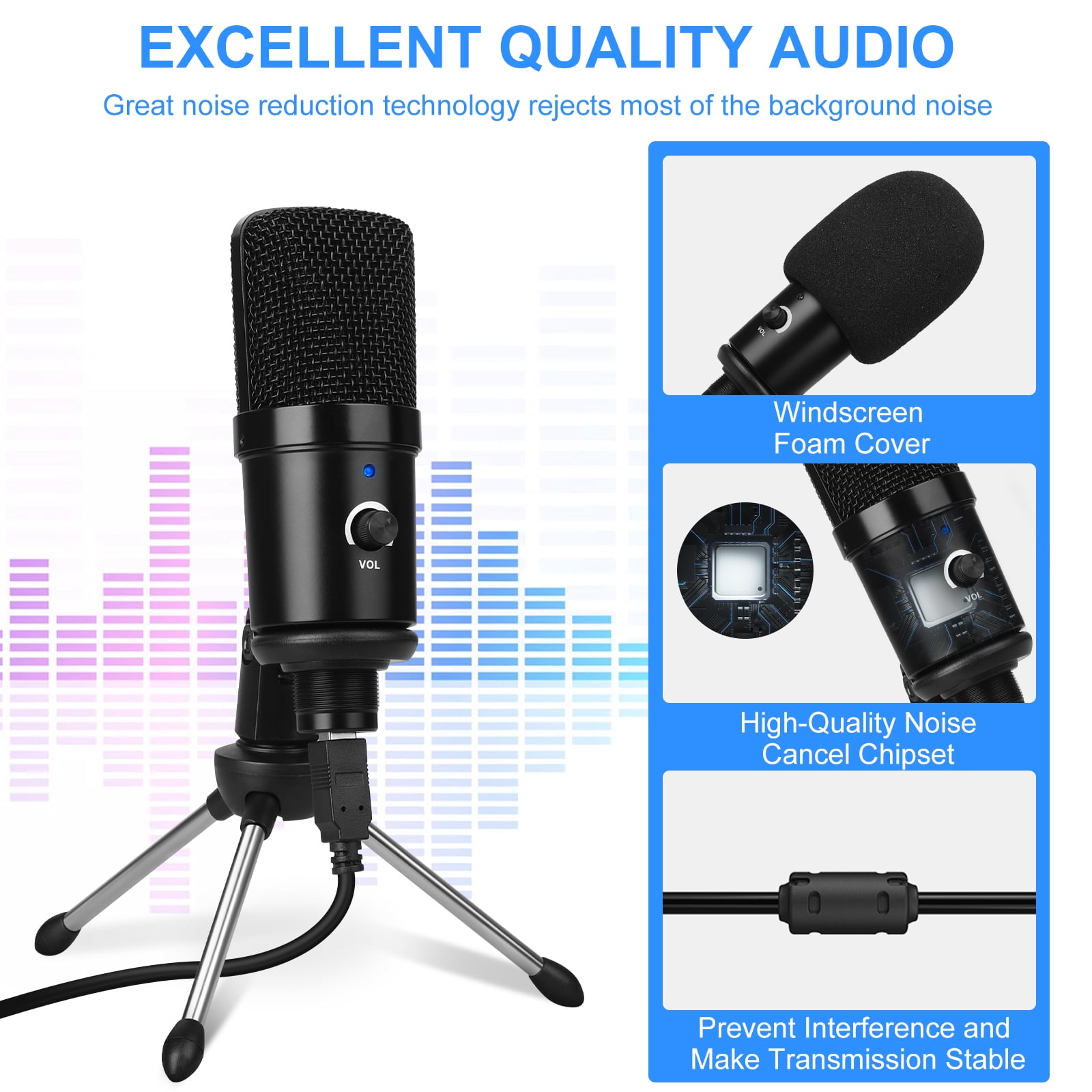 USB Microphone, USB Condenser Microphone with Noise Cancelling for Recording/Podcasting/Streaming/Gaming, Metal Recording Mic Compatible with Computer PC/MAC/iPhone/iPad/Android