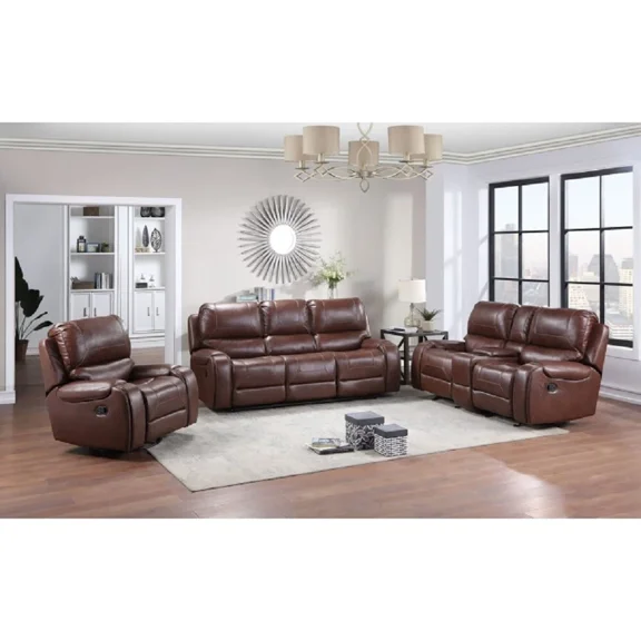 Brown Faux Leather Manual Reclining 3Pc Sofa Set w/ USB Ports, 2 PowerOutlet, Storage Console, Modern Living Room Set