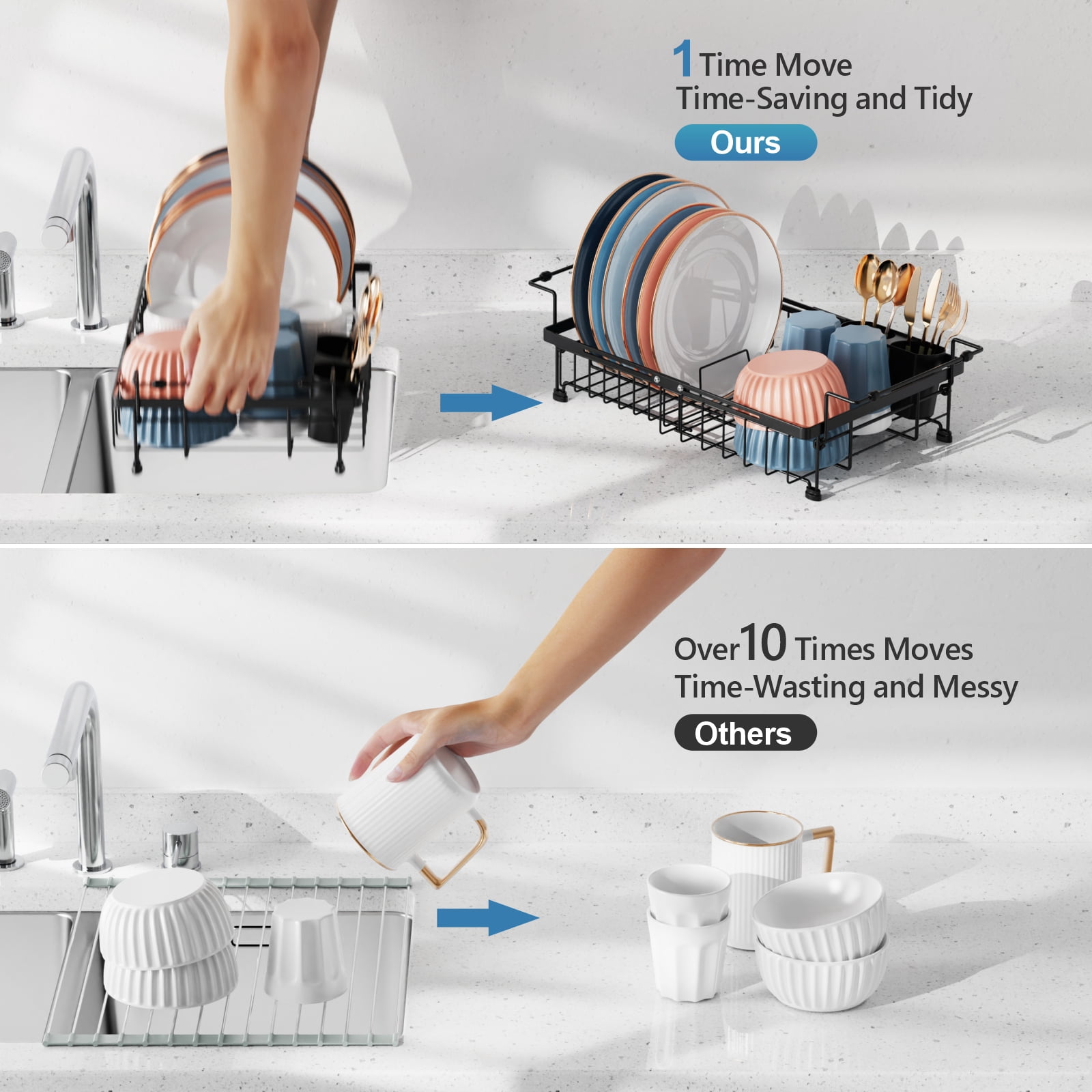 iSPECLE Sink Dish Drying Rack - Expandable Capacity (12.4''-17.1''L) Over Sink Dish Rack, in Sink Dish Drainer for Kitchen Counter with Utensil Holder, Black