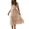 thumbnail image 2 of ClodeEU Women's Square Neck Puff Sleeve Tiered Midi Dress,Casual Flowy A-Line Swing Sundress Khaki,Women's Plus XXL, 2 of 7