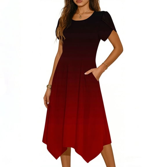 BUIGTTKLOP Casual Dress for Summer Short Sleeve Midi Sundress Loose Flowy Gradinet Color Beach Dress with Pockets 2026