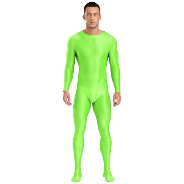 Aiihoo Combinaison à Manches Longues pour Hommes, Justaucorps Intégral Unitard Brillant, Vert Fluorescent M/L