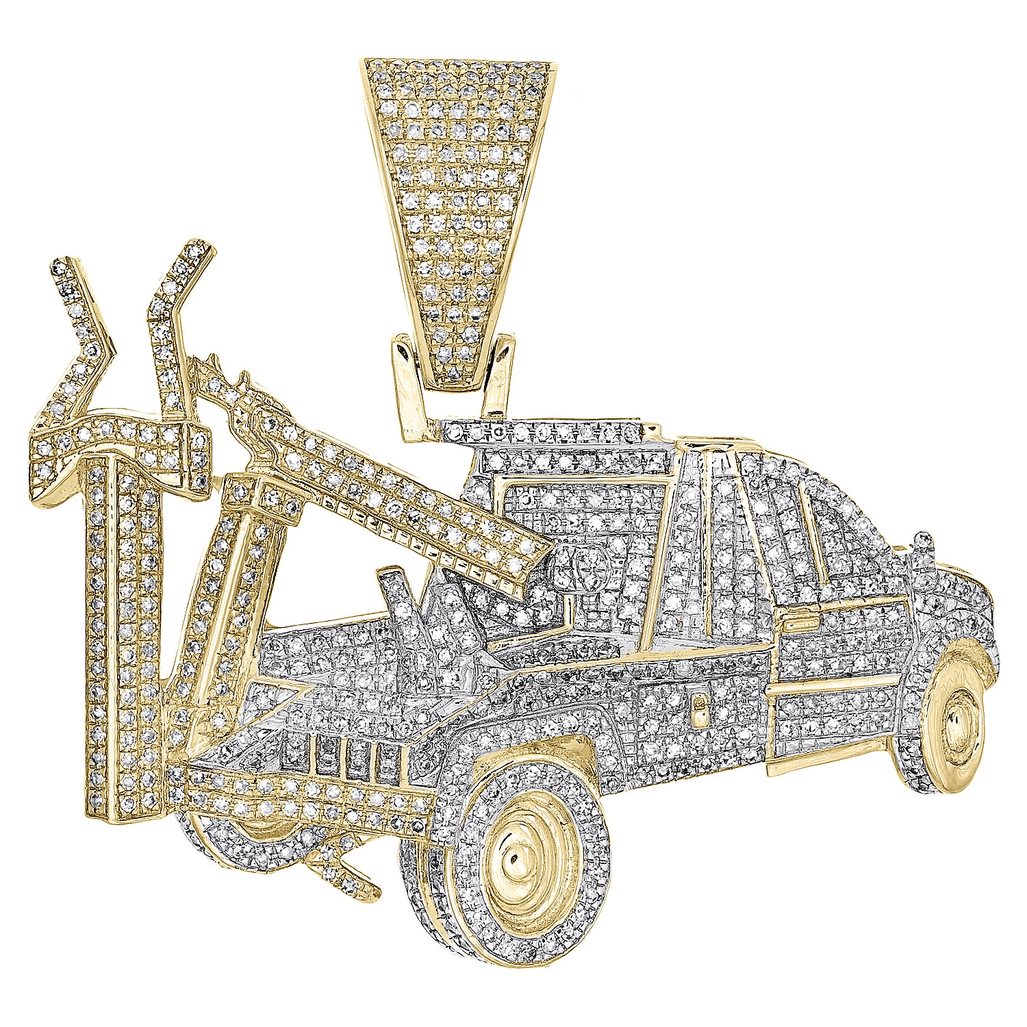 Radiant Jewelry Men's Tow Truck Charm Pendant | 2CT CZ Diamond | 1.5 Inch Hip Hop Jewelry | 10K Yellow Gold Plated