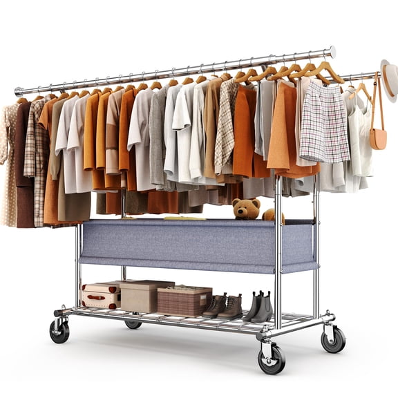 Silver Heavy Duty Rolling Garment Rack With Double Rod And Storage Shelf