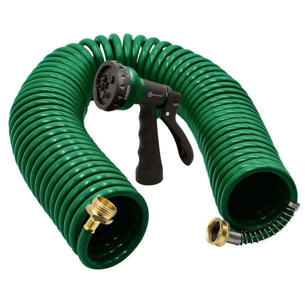 Manguera de jardín con bobina Automan Manguera de agua rizada Eva de 50 pies con conectores de latón Manguera de agua de jardín con retroceso Incluye rociador con función de 7 patrones Manguera de bob