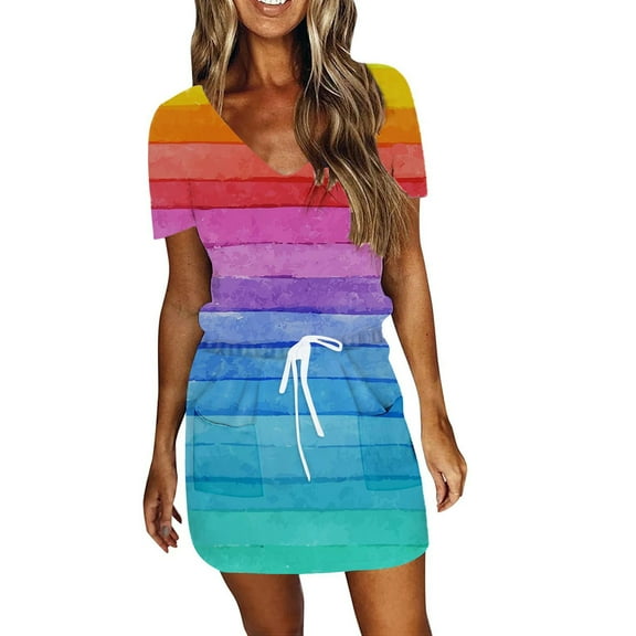 Women 2024 Summer Women Casual V-Neck Short Sleevetie-Dye Printing Pockets Dress Slim Fit Short Casual Ruched Bodycon Party Club Midi Dress