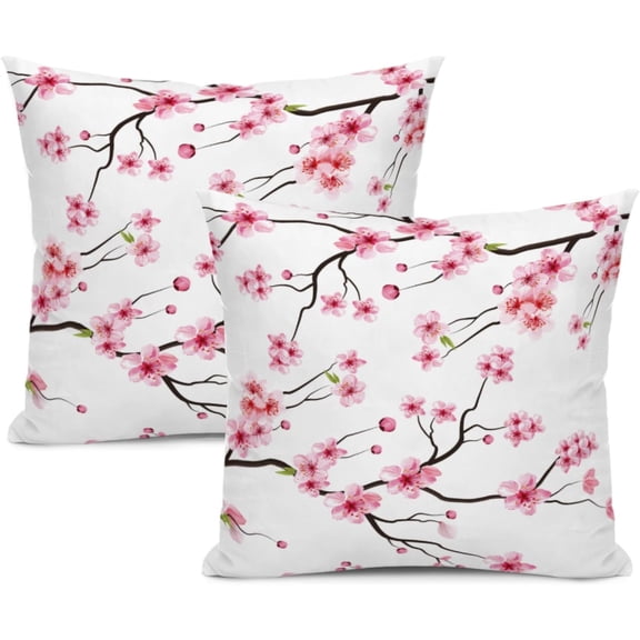 Cherry Blossom Decorative Throw Pillow Covers Set of 2, Pink Floral Pillow Cases Cushion Covers for Sofa Bed Couch Chair 18x18 Inch, Pink Living Room Couch Decor
